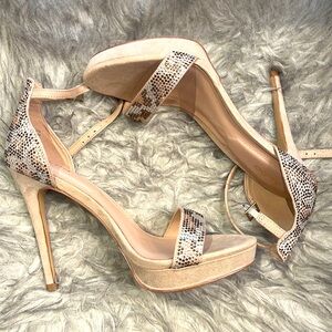 ALDO sparkly rhinestone snakeskin pattern suede open toe heels - gently used